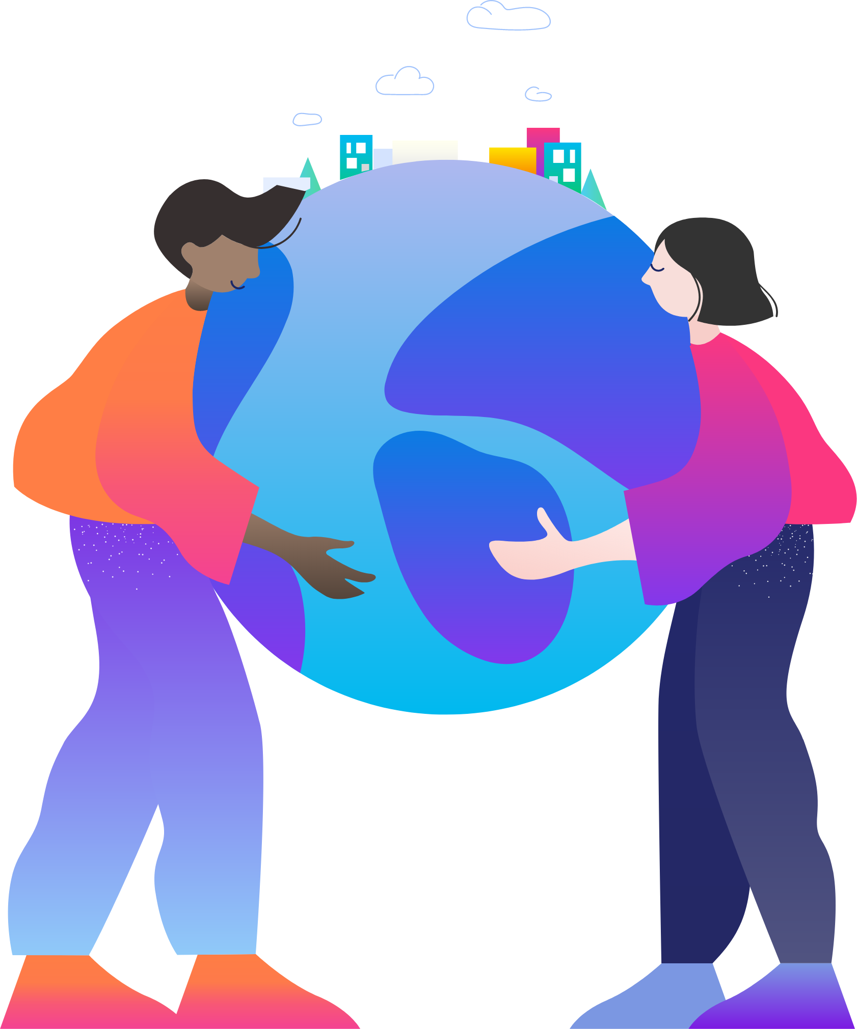 Crew Members holding up the world
